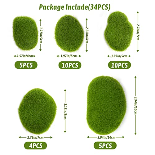 CCINEE 34pcs Artificial Moss Rocks, 5 Size Green Floral Moss Balls Moss Covered Stones Fake Moss Decor for Floral Arrangements Fairy Gardens and Crafting - color: 34pcs