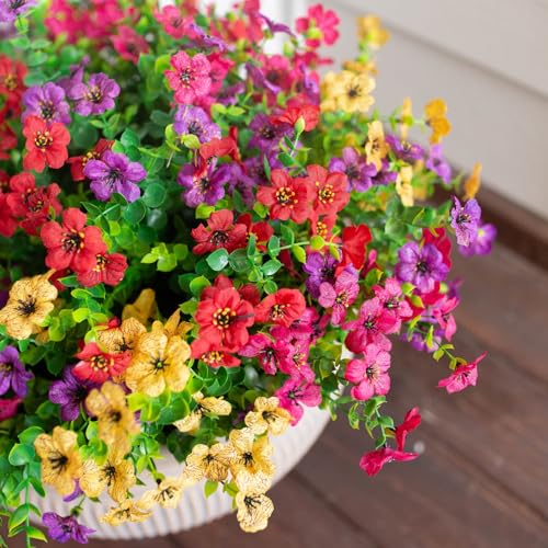 HyeFlora Artificial Flowers for Outdoor Indoor Garden Home Decoration, Faux Flower Daisy with Eucalyptus Leaves Fake Plants Greenery Boxwood Porch Patio, 12 Bundles (Mix Pink Red Purple Yellow) - color: Mix Pink Red Purple Yellow