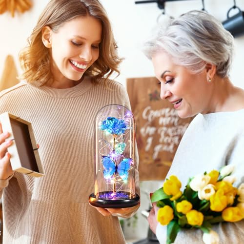 Gifts for Mom Birthday Gifts for Women Blue Rose Eternal Flower Light Up Rose in Glass Dome with Butterfly, Galaxy Crystal Flowers Gifts for Grandma Wife Daughter Her Delivery Prime - color: Sky Blue