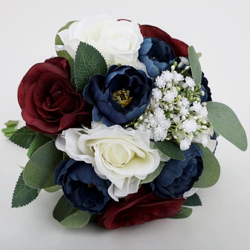 Set of 4 Bridesmaid Bouquets, 11 Inch Wedding Artificial Flower Bouquets for Wedding Ceremony Bridal Shower Decorations - Burgundy & Navy Blue - color: Burgundy & Navy Blue, size: Set of 4 Bouquets