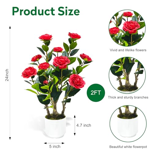 2Pack Artificial Camellia Tree, 2FT Faux Camellia Plant in Pot with Red Flowers for Spring Home Front Door Outdoor Indoor Decoration,Red - color: Red, size: 1ft 11in