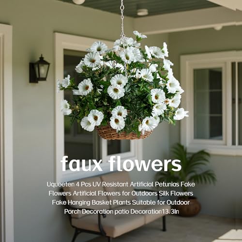 White Artificial Morning Glory Flowers for Outdoor Planters, UV Resistant Silk Faux Flowers for Hanging Basket, Porch & Window Box, Lifelike Farmhouse Garden Decor, No Pot, 13.3 Inch, 4 Bundles - color: White 4pcs