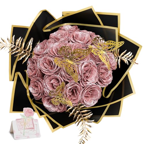 Glitter Roses - Fake Glitter Flowers Bouquet DIY Crafts Eternal Floral with Stems Butterfly Cards for Anniversary Birthday Valentines Engagement - 24 Pack, Dusty Pink - color: Dusty Pink
