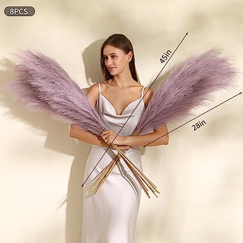 Wertuirk Purple Pampas Grass Decor - 45-Inch Set of 8 | Large Faux Pampas Grass Soft and Fluffy | Big Artificial Fake Flower | Perfect for Wedding Centerpieces, Baby Shower and House Decor - color: Purple