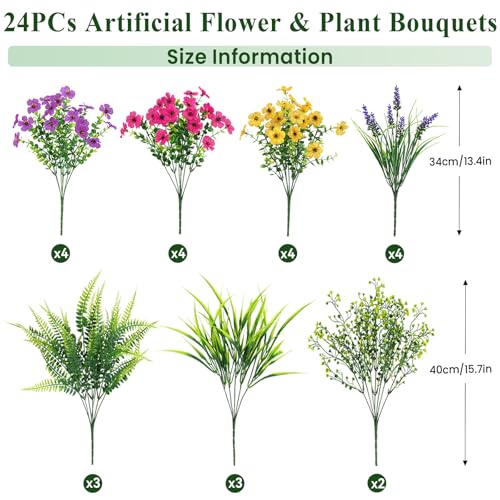 Alupssuc 24 Bundles Artificial Flowers for Outdoors Planters Spring Decoration, UV Resistant Faux Eucalyptus Violet and Lavender Silk Fake Plants for Outside Indoor Yard Home Patio Decor, Mix 3 Colors - color: Yellow Rose Purple