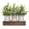 Artificial Flower Decorative Centerpiece, Frosty Green Eucalyptus Table Arrangement with 3 Rustic Metal Pots and Wood Tray for Farmhouse Home Décor - style: Eucalyptus