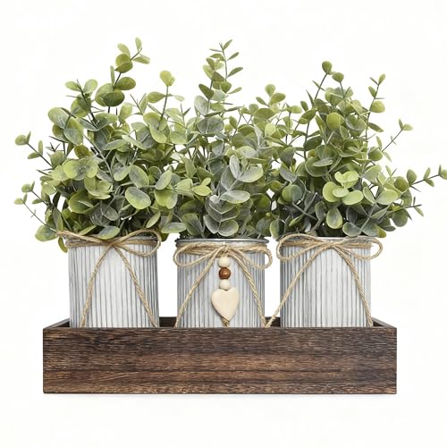Artificial Flower Decorative Centerpiece, Frosty Green Eucalyptus Table Arrangement with 3 Rustic Metal Pots and Wood Tray for Farmhouse Home Décor - style: Eucalyptus