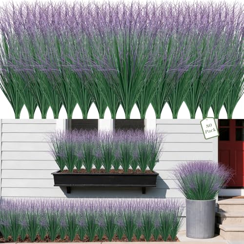80 Bundles Fake Grass Plants Artificial Plants Outdoor Faux Plants Tall Shrubs Wheat Grass Greenery Stems UV Resistant Onion Grss For Outside Planters Indoor Room Vase Home Decor（Green Purple Tail） - color: Green Purple Tail, size: 80-Pack