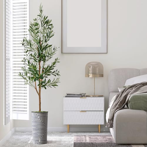 Artificial Tree in Modern Geometric Pattern Planter, Fake Olive Silk Tree for Indoor and Outdoor Home Decoration - 68" Overall Tall (Plant Pot Plus Tree) - style: Olive Tree