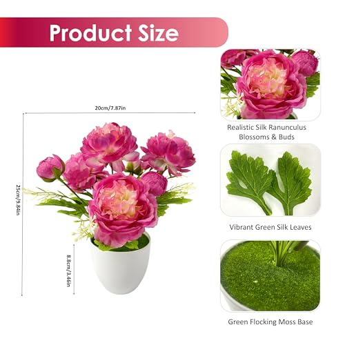 2 Packs Small Potted Silk Artificial Flowers, Fake Potted Ranunculus Plants for Spring Home Desk Decor Wedding Centerpiece, Indoor Faux Plants with Lightweight Pots (Rose Red) - color: Rose Red