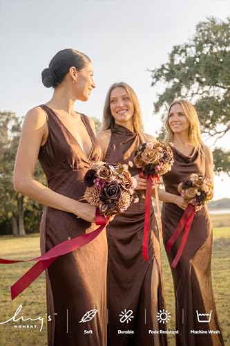 Ling's moment Earth Brown & Black Baccara Artificial Wedding Flower Bouquets for Bridesmaids Brown Floral Bouquet Bridesmaid Bouquets with Ribbon Ceremony Anniversary,7-inch Diameter - color: Br-earth Brown & Black Baccara