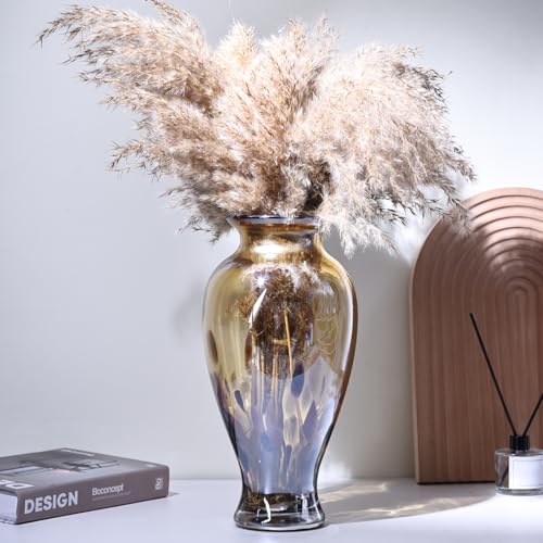 11.8" Tall Blown Amber Gold Glass Vase, Amber Opaque Glass Vase, Unique Design Wide Mouth Art Decoration for Home, Living Room, Dining Table, Pampas Grass Decor (Amber Gold) - color: Amber Gold
