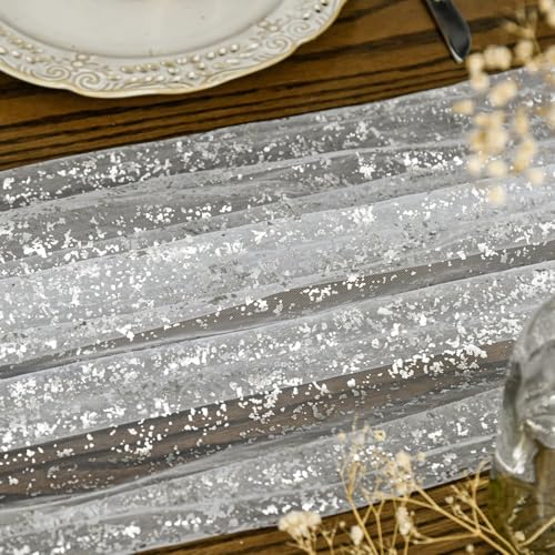 Artoid Mode White Silver Gauze Table Runner 120 Inch 10FT, Glitter Metallic Foil Sheer Dining Holiday Wedding Anniversary Birthday Table Decor for Home Party - color: White Silver, size: 28" x 120"