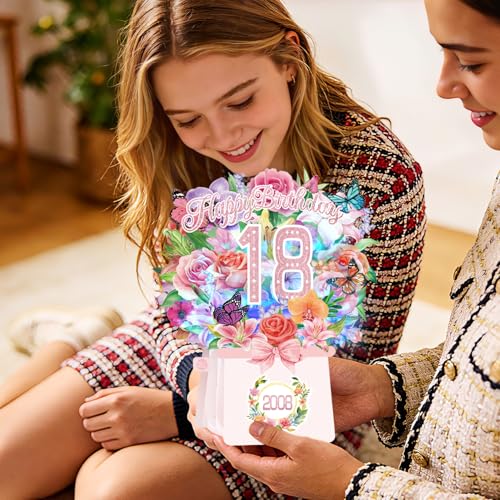 18th Birthday Cards, Light and Music 18 Years Old Happy Birthday Card, Rose Lily Orchid and Butterflies, 10 Inch Forever Flower Bouquet 3D Pop Up 2008 Birthday Gift Card for Women Wife girls Daughter Sister - size: 2008-18th