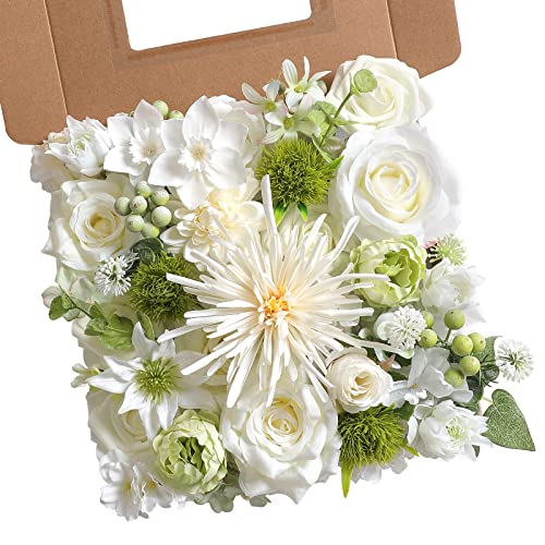 White Artificial Flower Box Set Silk Fake Flowers for DIY Centerpieces Cake Decorations, Wedding Bouquets, Boutonnieres, Home Decor (White Green) - color: White Green