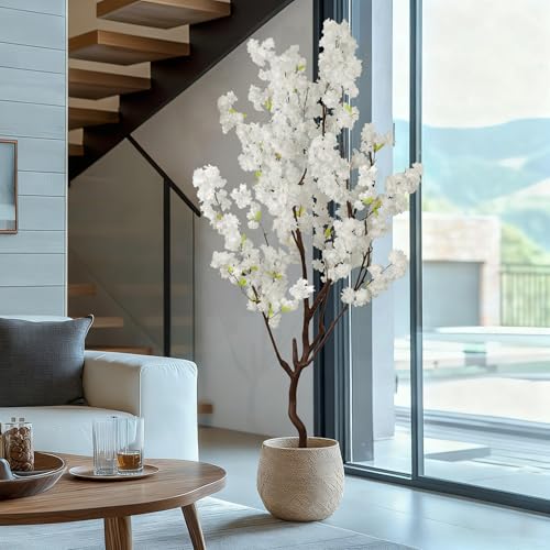 Faux White Cherry Blossom Tree 7ft(84in) Artificial Silk White Flower Tree Lifelike Large Fake Floral Tree for Wedding Realistic Elegant Cherry Sakura Plant in Pot for Home,Living Room,Office Decor - color: Cherry Blossom(white 6), size: 7ft