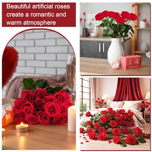 Ouddy Decor 50 Pcs Fake Red Roses Artificial Flowers Bulk Real Touch Velvet Silk Flowers with Long Stems for Wedding Bridal Bouquet DIY Table Centerpiece Valentines Home Decor, Red - color: Red, size: 50 Packs