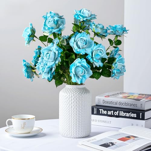 Artificial Flowers 23.2In Artificial Roses 20PCS Fake Roses Long Stem Artificial Flowers for Tall Vase Silk Rose Spring Suitable for Indoor Wedding Party Decor Valentine's Day DIY Bouquet,Blue - color: Blue