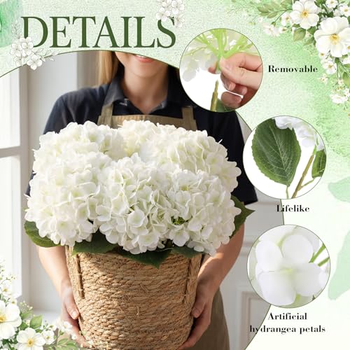 6 Pcs 14 Inch White Artificial Hydrangea Flowers with Woven Handle Basket and Floral Foam, Full Silk Fake Hydrangeas Kit for Handheld Bouquet Wedding Table Centerpieces Home Decor