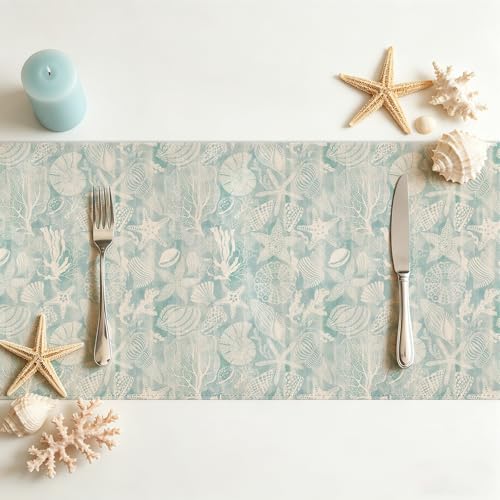 Larponder Summer Ocean Beach Table Runners, 13x108 Inch | Coastal Sea Shell Starfish Table Decoration, for Summer Holiday Kitchen Dinning Coffee Table Home Party Decor - color: Ocean-2, size: 13" x 108" (Rectangular)