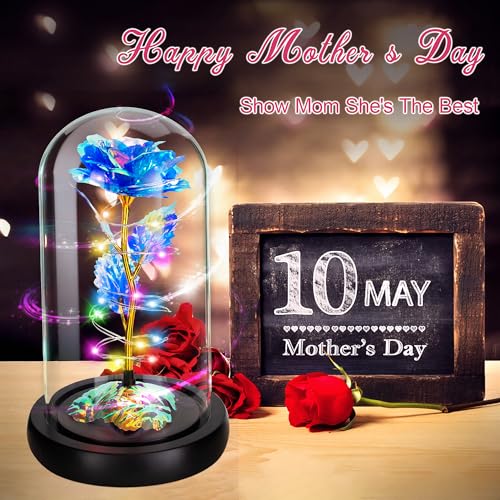 Childom Mothers Day Flowers Gifts for Mom from Daughter Son,Birthday Gifts for Women Mom Grandma Wife,Flowers for Delivery Prime,Rotating Blue Light Up Rose in A Glass Dome,Wedding Valentines Gifts - color: Rotating Blue Colorful Large