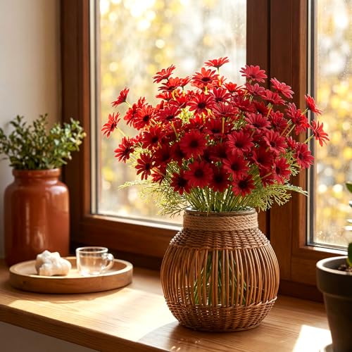 Giegxin 100 Pcs Artificial Daisy Flowers Bulk Realistic Fake Daisies Faux Wildflower Daisy UV Resistant Silk Fake Flowers Plants for Outside Wedding Garden Home Table Decor (Red) - color: Red