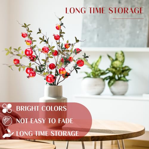 Gresorth Artificial Pomegranate Branch Fake Lifelike Plant Stem Decoration with Leaves Realistic Simulation Fruit Model Vase Home Ornament 3pcs - color: Red Pomegranate