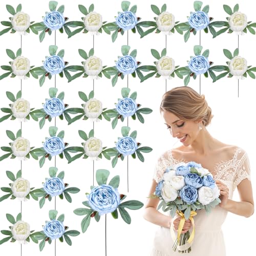 Zeyune 50pcs Artificial Peonies Flowers 4'' Fake Peonies DIY Craft Silk Flower Bulk for Home Wedding Bridal Bouquet Birthday Dining Room Table Centerpieces Backdrop Party Decor(Blue and White) - color: Blue and White