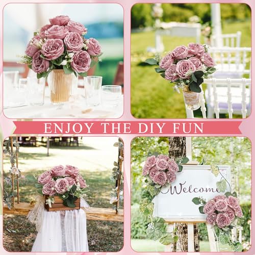 Peonies Artificial Flowers Bulk, 12 Bundles Fake Silk Peonies Faux Eucalyptus Bouquet Realistic Peony Floral Arrangement for Wedding Table Centerpiece Vase Decor (Dusty Pink) - color: Dusty Pink
