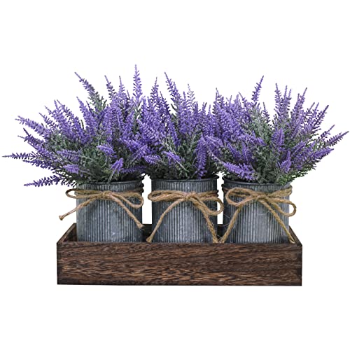 Set of 3 Small Potted Plants Arrangement Artificial Lavender Flower Plants in Rustic Galvanized Metal Pots with Decorative Wood Tray for Farmhouse Table Centerpiece Windowsill Country Indoor Decor