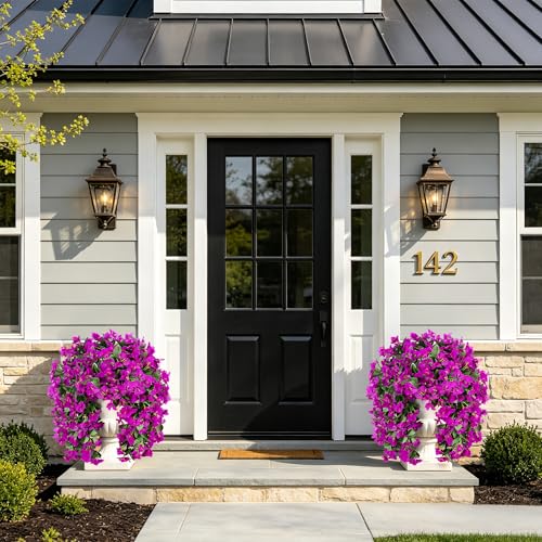 Faux Bougainvillea Artificial Flowers Plants for Outdoors Outside Decoration, 2 pcs Purple Fake Flowers UV Resistant Look Real Silk Long Trailing Vines for Front Door Porch Planter Urn Patio Garden - color: Purple