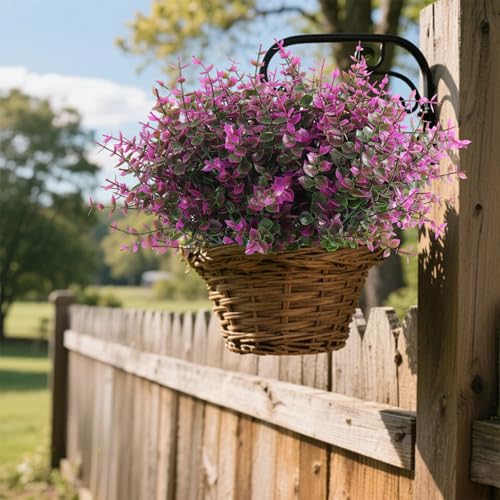 RECUTMS 12 Bundles Artificial Flowers Outdoor Faux Plastic Plants Artificial Eucalyptus UV Resistant Fake Plants Greenery Stems for Outside Spring Garden Porch Wedding Party Fireplace Décor(Fuchsia) - color: Fuchsia Eucalyptus, size: 12 Pcs