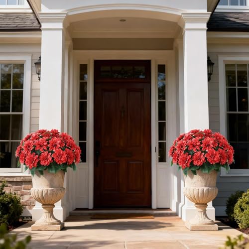 2 Set of Artificial Dahlia Topiary Ball Trees - Fake Silk Dahlia Flower Bushes, UV Resistant Faux Floral Shrub Potted for Front Door Porch Farmhouse Wedding Outdoor Decor (Red) - color: Red