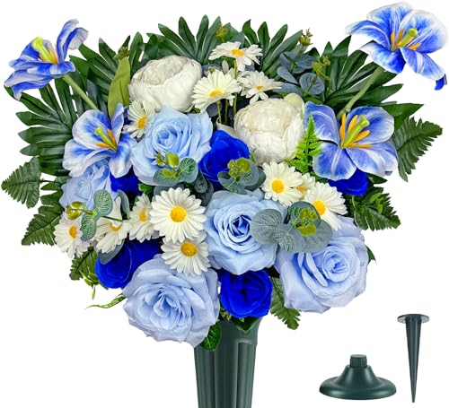 Artificial Cemetery Flowers,Memorial Flowers,Beautiful Arrangements for Headstones,Silk Tulip Rose Daisy