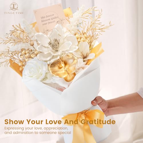 TINGE TIME Preserved Flowers Bouquet, Platinum Faux Rose Bouquets, Eternal Roses Bouquet for Wedding, Table Centerpieces, Mothers Day, Birthday Gifts, Anniversary, Graduation(White & Gold) - color: Platinum