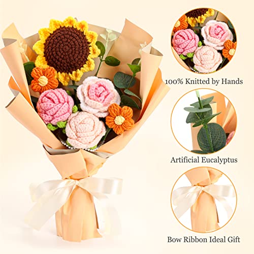 Omldggr Completed Crochet Flower Bouquet, Orange Handmade Knitted Bouquet, Crochet Bouquet Kit Knitted Fake Sunflower Rose Daisy for Valentines Day Mother's Day Birthday Wedding Decor Mom Gift - color: Orange-rose+sunflower