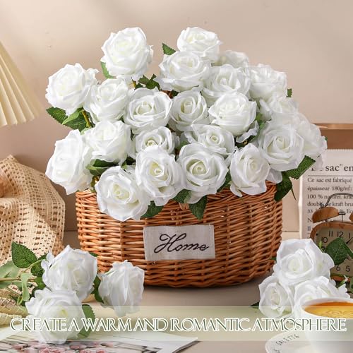 Jexine 50 Pcs Artificial Rose Flower Bulk Realistic Silk Fake Roses with Long Stem Plastic Artificial Flower Bouquet Real Looking for Home Wedding Centerpieces Party Decoration(Pure White) - color: Pure White