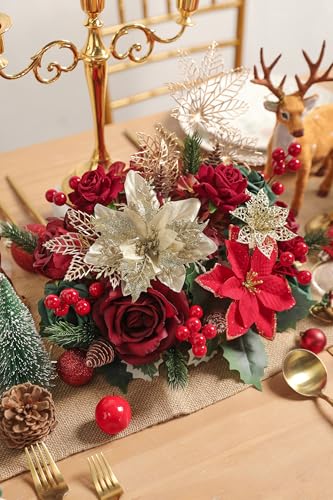 Artificial Christmas Flowers Mix Silk Flowers Fake Roses with Stems for DIY Bridal Bouquets Faux Flowers Centerpieces for Table Home Christmas Decorations - color: Chrismas Red Green