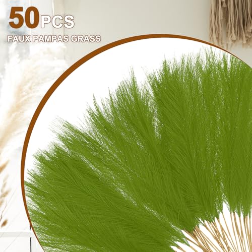 uxcell 50 Pcs Faux Pampas Grass 52cm/20.5" Artificial Fake Dried Pampas Grass Decor with Stem for Floor Vase Filler, Wedding Decoration, Home Decoration, Grass Green - color: Grass Green