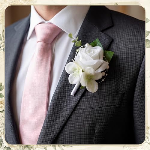 MTLEE 15 Pcs Burgundy Boutonniere for Men Rose Wedding Boutonniere with Pin Groom Groomsmen Buttonholes Man Suit Corsage for Vintage Wedding Ceremony Anniversary Dinner - color: White, style: Rose