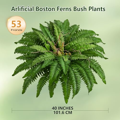 40 in Artificial Boston Ferns Bush, Set of 2 Large Faux Ferns Plants, 53 Branches Fake Ferns for Home Living Room Decor, Indoor and Outdoor - size: 2 PCS-40"