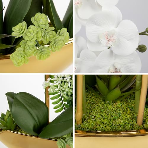 Briful Orchid Fake Flowers 18in White Artificial Orchid Silk Flowers in Gold Pot Faux Orchid Arrangement for Home Office Bathroom Dining Table Modern Decoration - color: White Gold