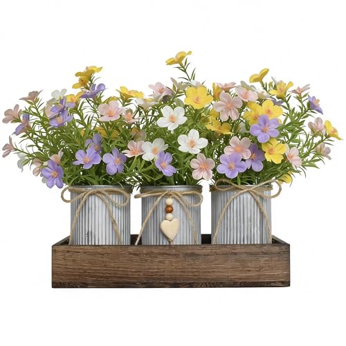 Artificial Gypsophila Baby's Breath, Rustic Table Centerpieces Home Decor for Dining Room, Farmhouse Wood Planter Box with 3 Galvanized Metal Pots Decorative Table Centerpiece - style: Milan Flowers