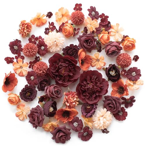 Floroom Mini Artificial Flower Heads Burnt Orange & Burgundy Fake Peony Daisy Rose Multicolor Small Faux Silk Flower Heads for Cake Craft Garland Wedding Party Graduation Cap DIY Home Decoration - color: Burnt Orange Burgundy