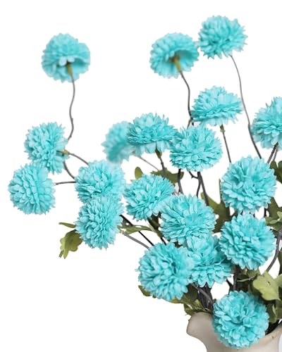 DuHouse 6pcs Artificial Flowers Faux Silk Pompon Mum, Silk Small Mini Chrysanthemum Ball with Stems for DIY Bouquets Centerpieces Vase Home Table Kitchen Decorations (Teal Blue) - color: Teal Blue, size: 6pcs