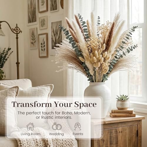 JOHOUSE 120PCS Dried Pampas Grass Set for Vase, Natural Pampas Grass Eucalyptus Stems Bunny Tails 17 inches for Boho Home Wedding Farmhouse Decor