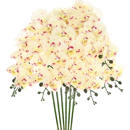 M METERXITY 6-Pack Artificial Orchid Flowers 9 Large Petals 37 Inch Faux Phalaenopsis Silk Bouquets Real Touch Spotted Yellow Green Fake Orchids for Home/Wedding/Christmas/Party/Garden Office - color: Yellow Green