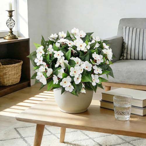 Roberly 6 Bundles Artificial Flowers for Outdoors, Faux Silk Catharanthus Roseus Flowers Bouquet Fake Greenery Plant for Spring Summer Garden Patio Porch Window Box Table Home Decor, White - color: White