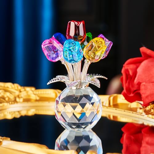 Crystal Flower Rose Glass Flowers Decoration Birthday Gifts for Women Girl Wife Girlfriend Ornament Bouquet for Wedding Anniversary Mom from Daughter Son (Multicolor Rose 02) - color: Multicolor