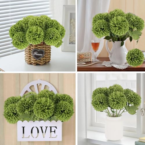 Hananona 12 Pcs Artificial Chrysanthemums Flowers Ball Flower, Fake Mums Flowers Green Silk Flowers for Home Decor Indoor Floral Arrangement St Patricks Day Table Centerpiece (12, Green) - color: Green